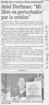 Ariel Dorfman, "Mi libro es perturbador por lo erótico"  [artículo] Jorge Silva A.