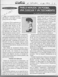 Pablo Neruda, un poema, una canción y un testamento  [artículo].