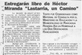 Entregarán libro de Héctor Miranda "Lastarria, un camino"  [artículo].