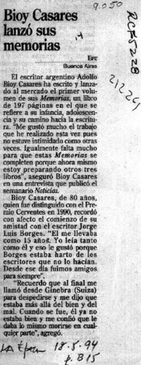 Bioy Casares lanzó sus memorias  [artículo].