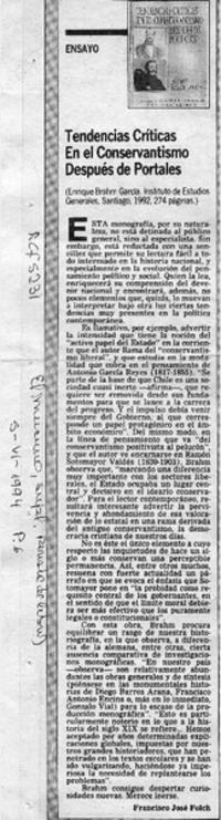 Tendencias críticas en el conservantismo después de Portales  [artículo] Francisco José Folch.