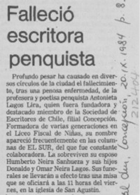 Falleció escritora penquista