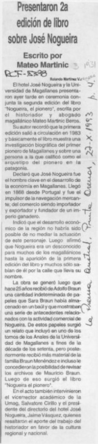 Presentaron 2a edición de libro sobre José Nogueira  [artículo] Rolando Martínez V.