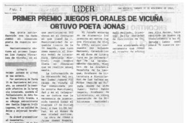 Primer premio juegos florales de Vicuña obtuvo poeta Jonás  [artículo].
