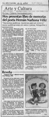 Hoy presentan libro de memorias del poeta Hernán Narbona Véliz  [artículo].