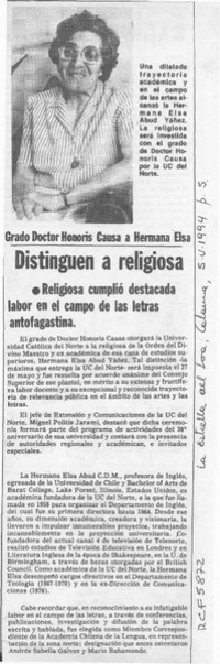 Distinguen a religiosa  [artículo].