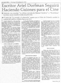 Escritor Ariel Dorfman seguirá haciendo guiones para el cine