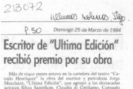 Escritor de "Ultima Edición" recibió premio por su obra
