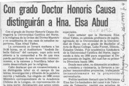 Con grado Doctor Honoris Causa distinguirán a Hna. Elsa Abud  [artículo].
