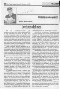 Lecturas del mes  [artículo] Marino Muñoz Lagos.