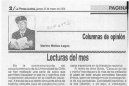 Lecturas del mes  [artículo] Marino Muñoz Lagos.