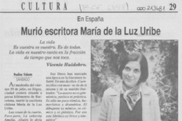 Murió escritora María de la Luz Uribe