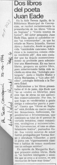 Dos libros del poeta Juan Eade  [artículo].