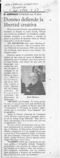 Donoso defiende la libertad creativa  [artículo].