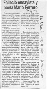 Falleció ensayista y poeta Mario Ferrero  [artículo].