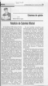 Natalicio de Gabriela Mistral  [artículo] Marino Muñoz Lagos.