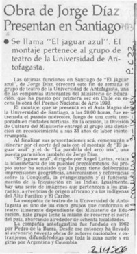 Obra de Jorge Díaz presentan en Santiago  [artículo].