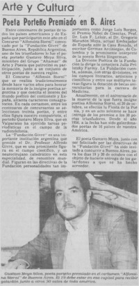 Poeta porteño premiado en B. Aires