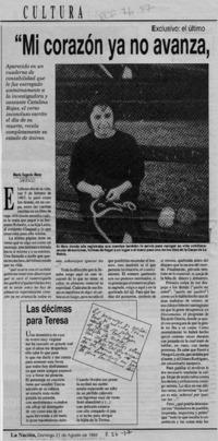 "Mi corazón ya no avanza, la culpa es mía, señores --"  [artículo] María Eugenia Meza.