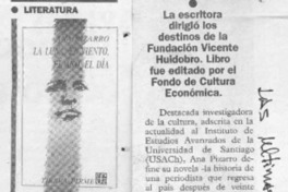 Su primera novela lanzó Ana Pizarro  [artículo].