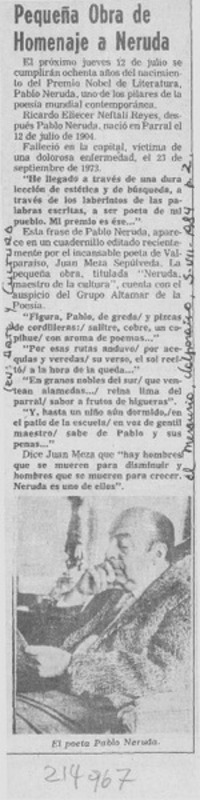 Pequeña obra de homenaje a Neruda