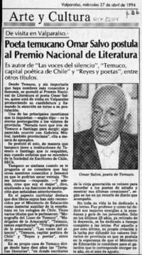 Poeta temucano Omar Salvo postula al Premio Nacional de Literatura  [artículo].