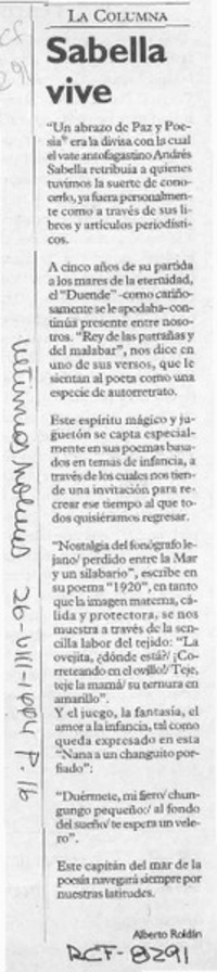 Sabella vive  [artículo] Alberto Roldán.