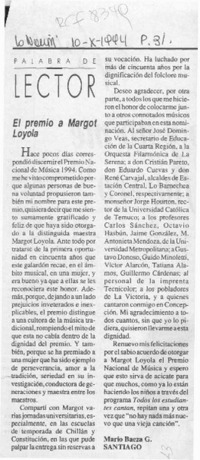El premio a Margot Loyola  [artículo] Mario Baeza G.