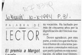 El premio a Margot Loyola  [artículo] Mario Baeza G.