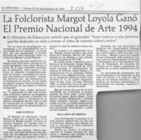 La Folclorista Margot Loyola ganó el Premio Nacional de Arte 1994  [artículo].
