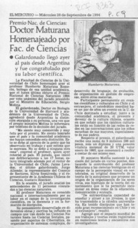 Doctor Maturana homenajeado por Fac. de Ciencias  [artículo].