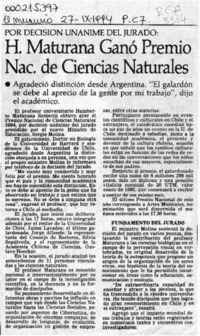 H. Maturana ganó Premio Nac. de Ciencias Naturales  [artículo].
