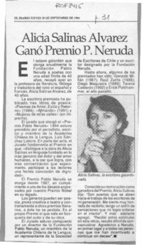 Alicia Salinas Alvarez ganó premio P. Neruda  [artículo].
