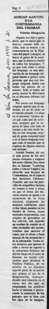 Adrián Santini o la contradanza del chamán  [artículo] Tristán Altagracia.