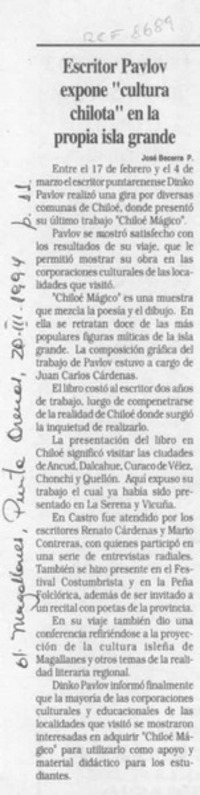Escritor Pavlov expone "cultura chilota" en la propia isla grande  [artículo] José Becerra P.