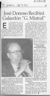 José Donoso recibirá galardón "G. Mistral"  [artículo].