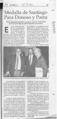 Medalla de Santiago para Donoso y Parra  [artículo].