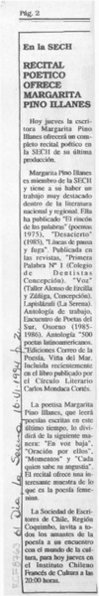 Recital poético ofrece Margarita Pino Illanes  [artículo].