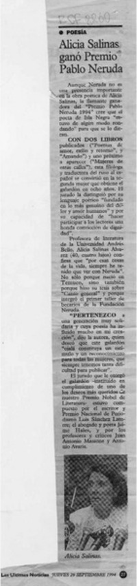 Alicia Salinas ganó Premio Pablo Neruda  [artículo].