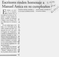 Escritores rinden homenaje a Manuel Astica en su cumpleaños  [artículo].