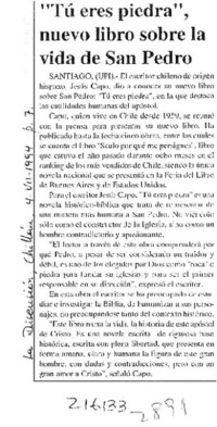 "Tú eres piedra", nuevo libro sobre la vida de San Pedro  [artículo].