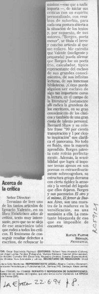 Acerca de la crítica  [artículo] Rafael Pastor Besoaín.