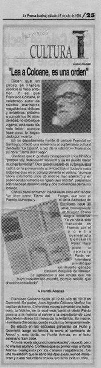 "Lea a Coloane, es una orden"  [artículo] Joaquín Navasal.