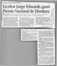 Escritor Jorge Edwards ganó Premio Nacional de Literatura  [artículo].