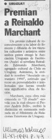 Premian a Reinaldo Marchant  [artículo].
