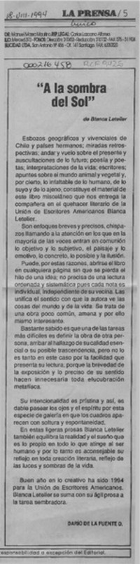 "A la sombra del sol"  [artículo] Darío de la Fuente D.