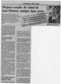 Mejora estado de salud de José Donoso, aunque sigue grave [artículo].