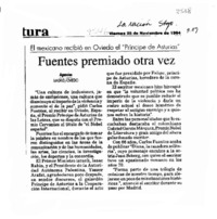 Fuentes premiado otra vez  [artículo].