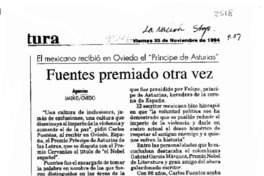 Fuentes premiado otra vez  [artículo].