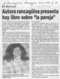 Autora rancagüina presenta hoy libro sobre "la pareja"  [artículo].